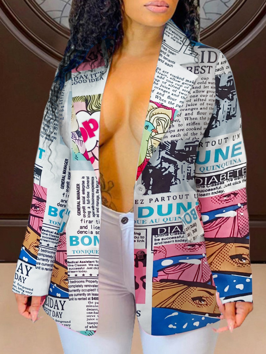 

LW Plus Size Letter Figure Print Single Button Blazer, White