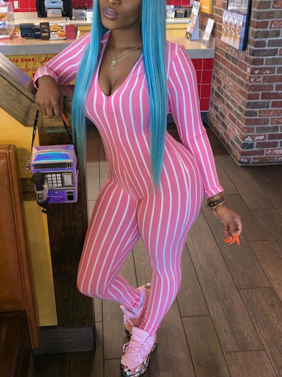 

LW SXY Lapel Neck Striped Jumpsuit, Pink