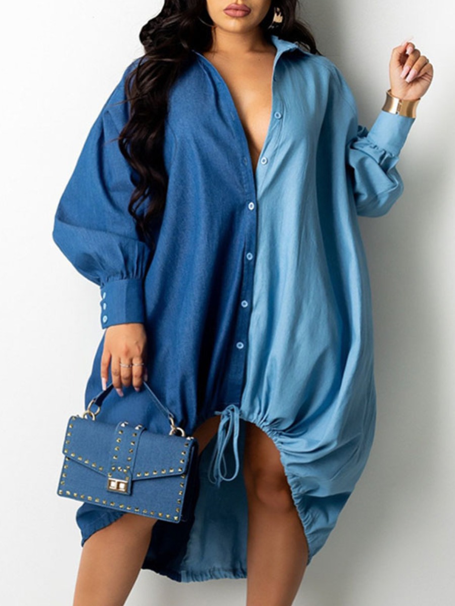 LW Plus Size Drawstring Patchwork Shirt Dress