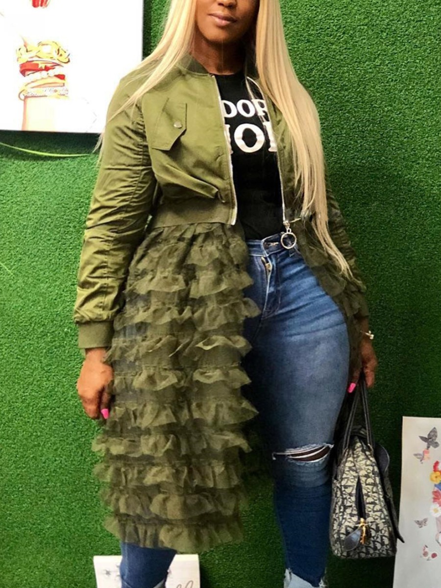 

LW Plus Size Mesh Ruffle Hem Zip Up Coat, Army green
