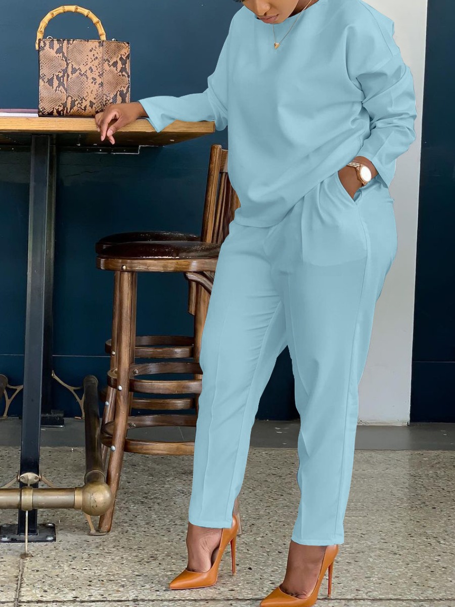 

LW Pocket Design Pullover Basic Pants Set, Baby blue
