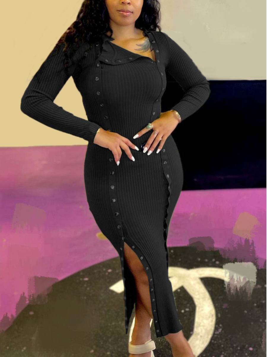

LW SXY Rib Knit Button Design Bodycon Dress, Black
