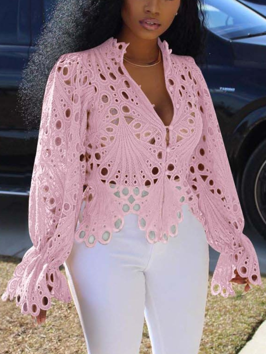 

LW SXY V Neck Hollow-out Design Blouses, Pink
