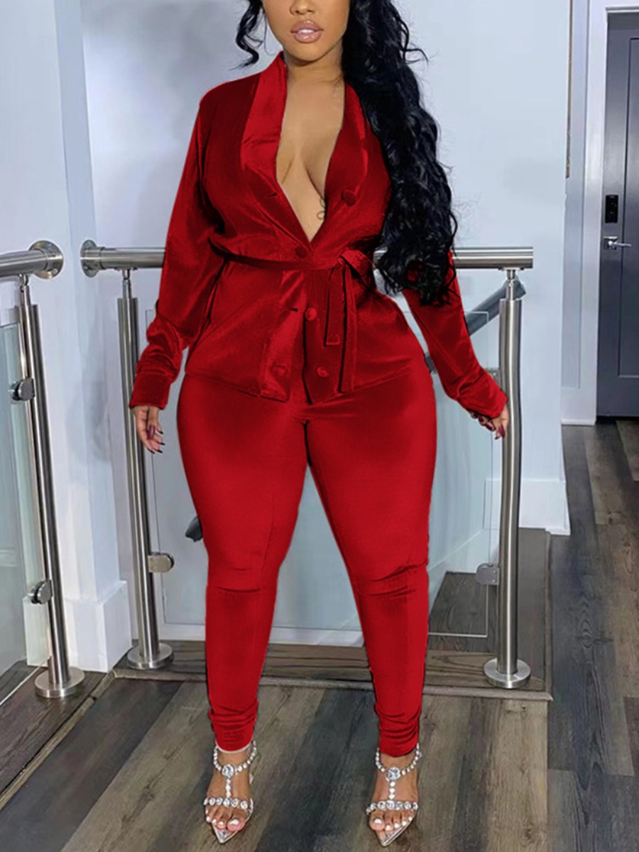 

LW SXY Plus Size Bandage Button Design Pants Set, Wine red