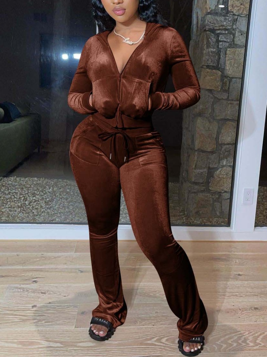 

LW Velvet Zipper Design Cropped Pants Set, Coffee