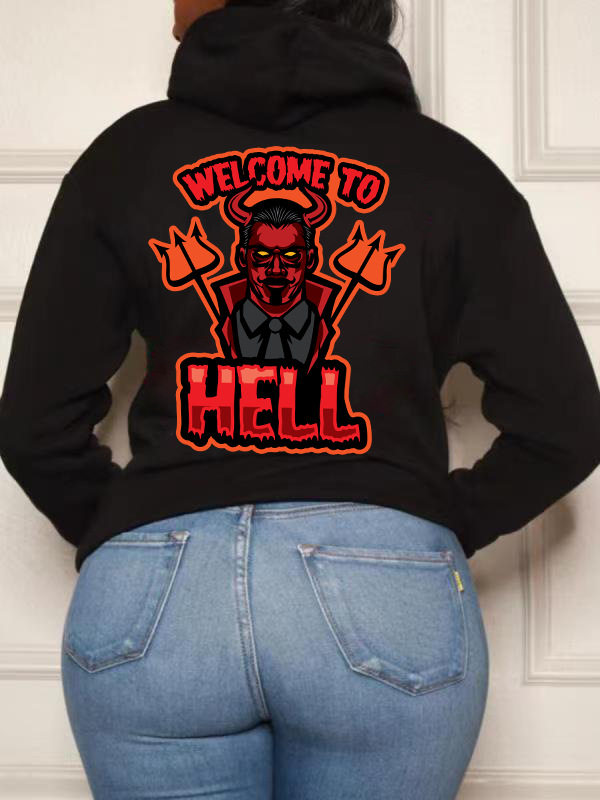 

LW Plus Size Casual Cartoon Letter Print Hoodie, Black