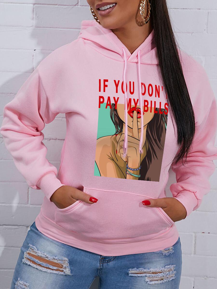 

LW Letter Figure Print Pocket Design Hoodie, Pink