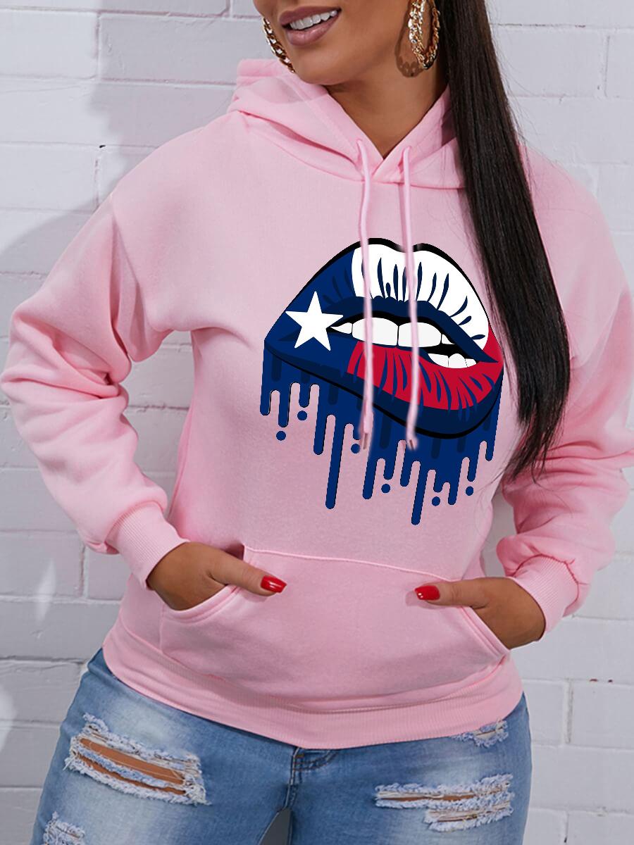 

LW Lip Print Kangaroo Pocket Hoodie, Pink