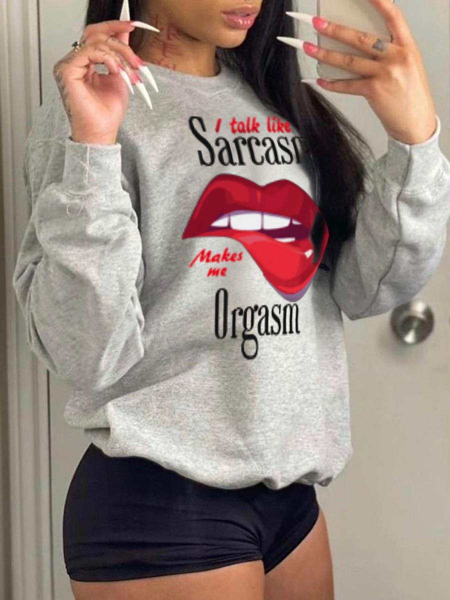 

LW Letter Lip Print Pullover Sweatshirt, Grey
