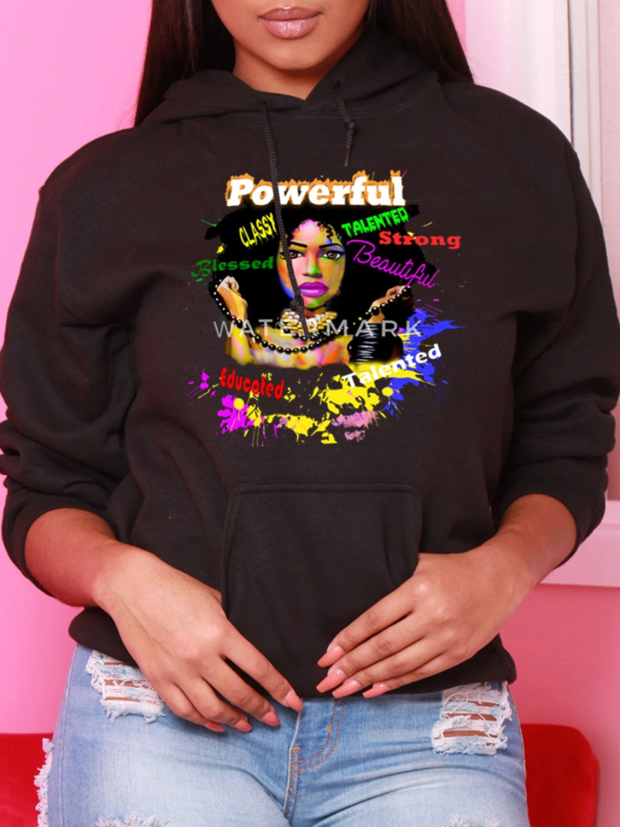 

LW Plus Size Letter Print Pocket Design Hoodie, Black