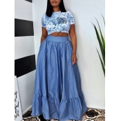 LW Trendy Print Blue Two-piece Skirt Set