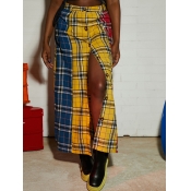 LW Plaid Patchwork Button Design Skirt
