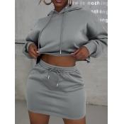 LW BASICS Hooded Collar Drawstring Crop Top Skirt 