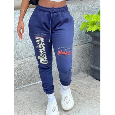 

LW BASICS Letter Print Drawstring Pants, Blue