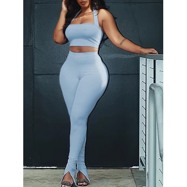 

LW Sexy Off The Shoulder High-waisted Front Slit Blue Two Piece Pants Set