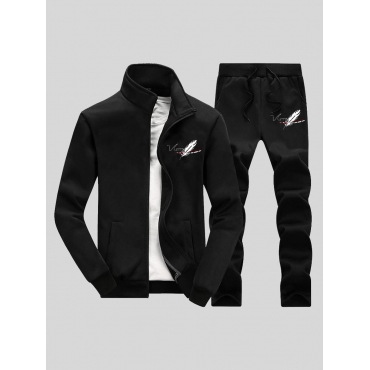 

LW Men Letter Feather Print Pocket Design Tracksuit Set, Black