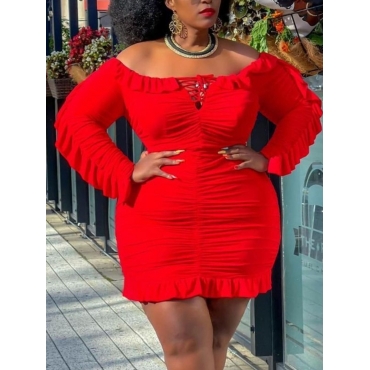 

LW Plus Size Elegant Ruffle Hem Ruched Dress, Red