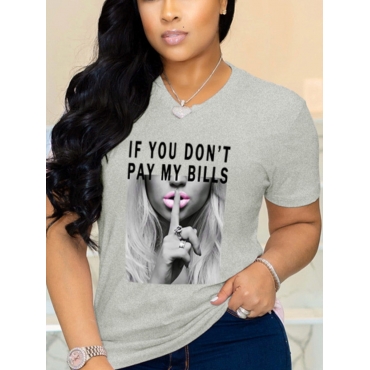 

LW Roud Neck Letter Print T-shirt, Grey