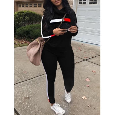 

LW Stacked Neck Striped Patchwork Tracksuit Set, Black