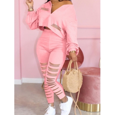 

LW Trendy Hollow-out Pink Two Piece Pants Set