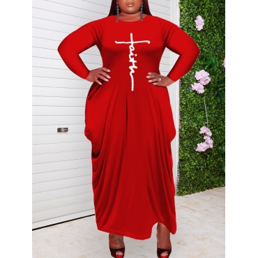 

LW Plus Size Letter Print Asymmetrical Dress, Wine red