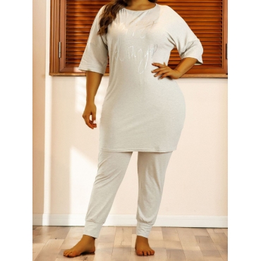 

LW COTTON Plus Size Solid Letter Print Pants Set, Grey