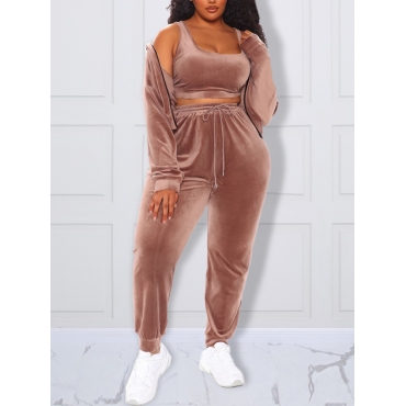 

LW Plus Size Crop Top Drawstring Three-piece Pants Set, Brown