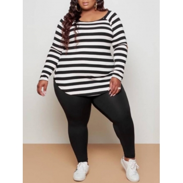 

LW BASICS Plus Size Casual O Neck Striped Black Two-piece Pants Set