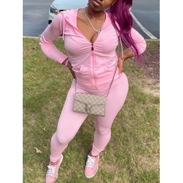 

LW BASICS Hooded Collar Kangaroo Pocket Tracksuit Set, Pink