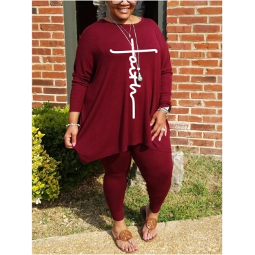 

LW Plus Size Letter Print Loose Pants Set, Wine red