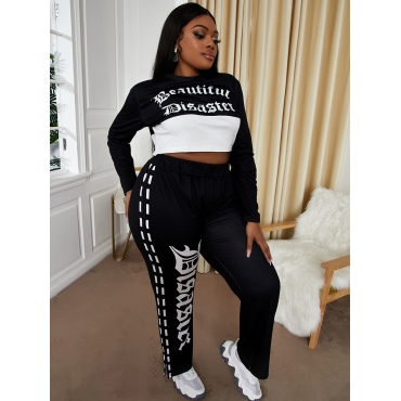 

LW Plus Size Letter Print Striped Tracksuit Set, Black