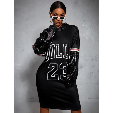 

LW Hooded Collar Letter Print Sweat Dress, Black