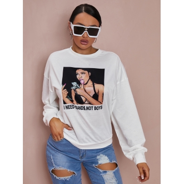 

LW Casual O Neck Print White Hoodie
