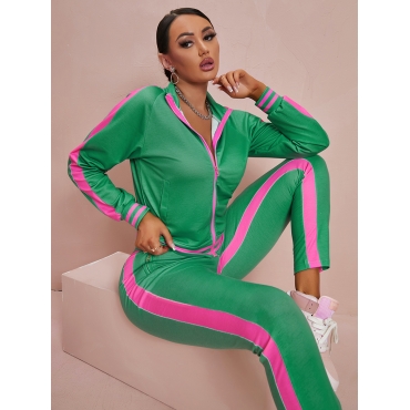 

LW Pocket Design Striped Patchwork Tracksuit Set, Green