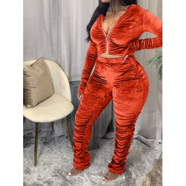 

LW Plus Size Zipper Design Ruched Pants Set, Jacinth