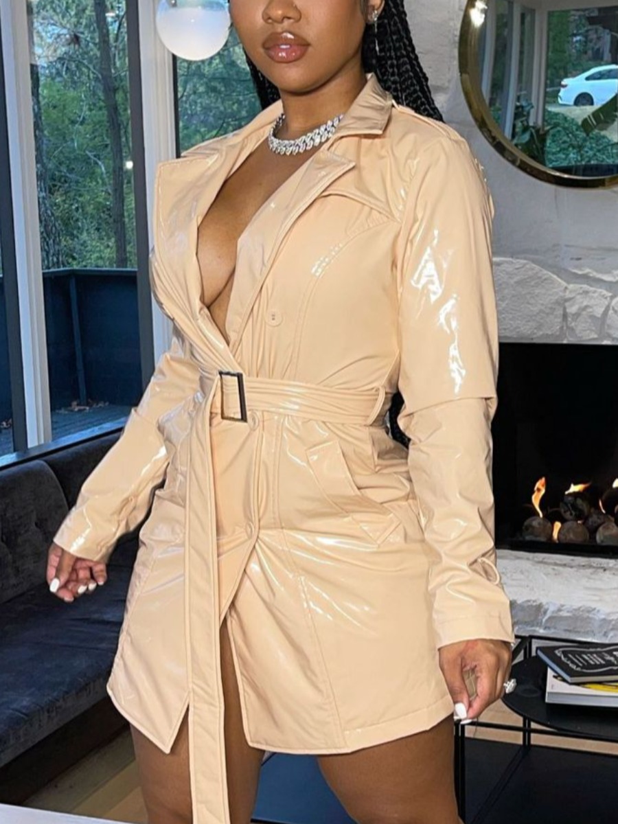 

LW Leather Button Design Solid Dress, Apricot