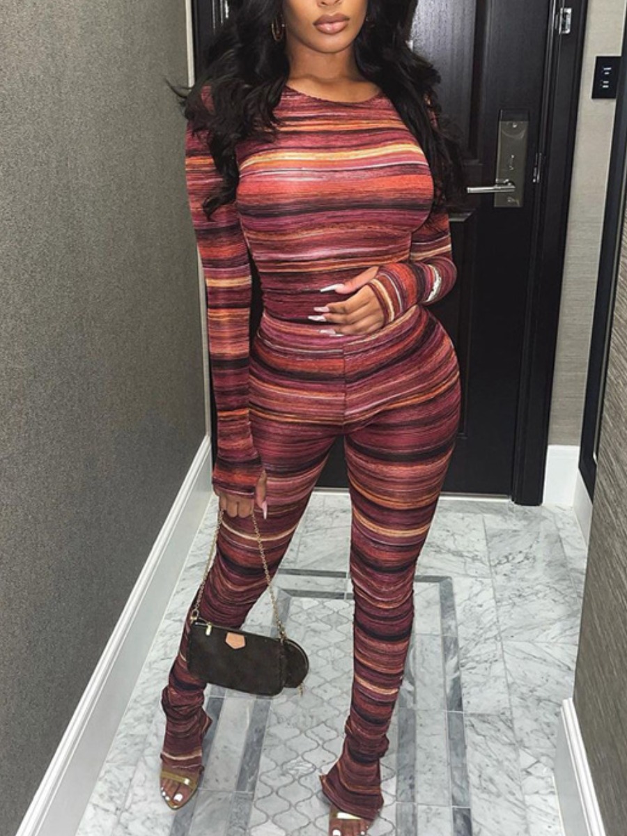 

LW Pullover Striped Flared Pants Set, Red