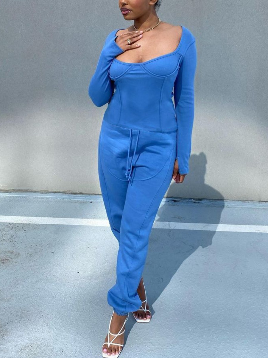 

LW Sweat Drop Shoulder Drawstring Pants Set, Blue