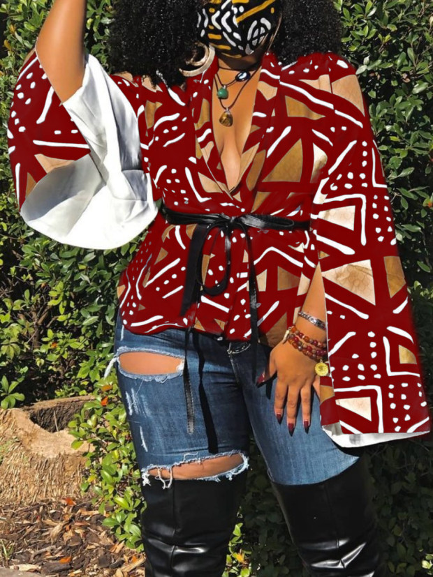 

LW Plus Size Geometric Print Split Coat (Without Belt), Red