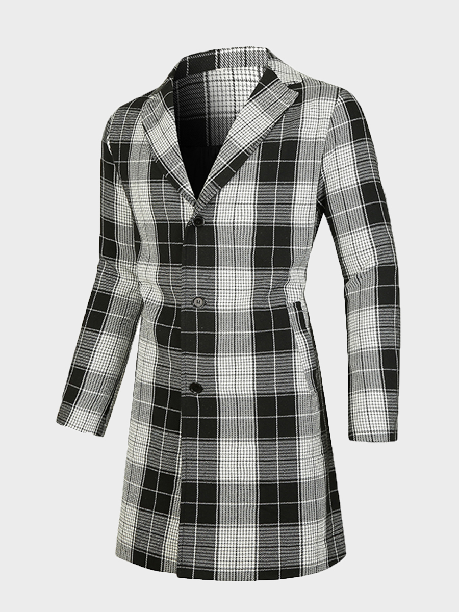 

LW Men Lapel Neck Pocket Design Plaid Wool, Black & white tartan
