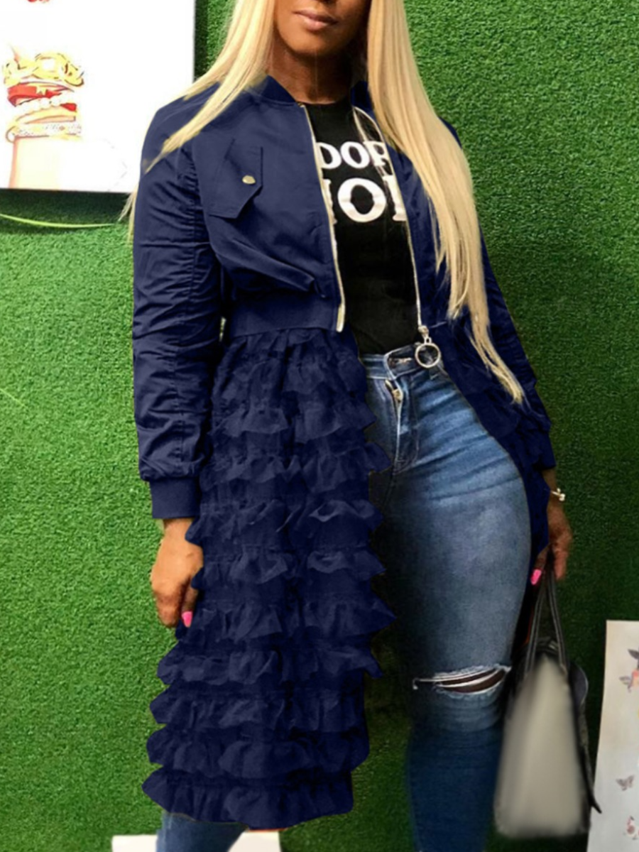 

LW Plus Size Mesh Ruffle Hem Zip Up Coat, Dark blue