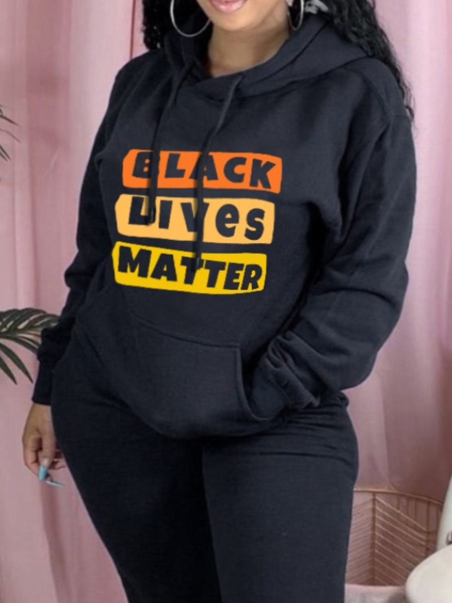 

LW Plus Size Kangaroo Pocket Letter Print Hoodie, Black