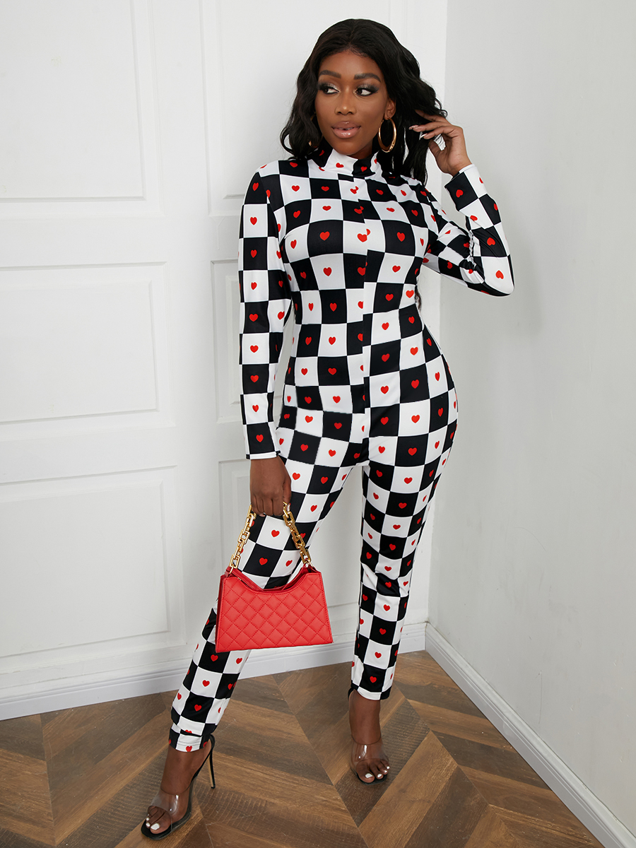 LW Poker Plaid Print Skinny Jumpsuit