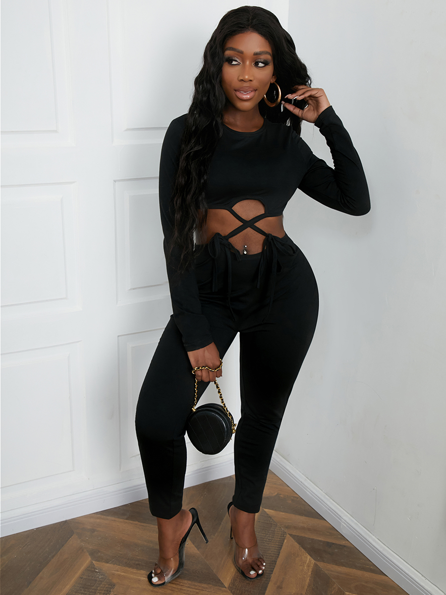 

LW Cotton Cross Strap Hollow-out Design Skinny Jumpsuit, Black