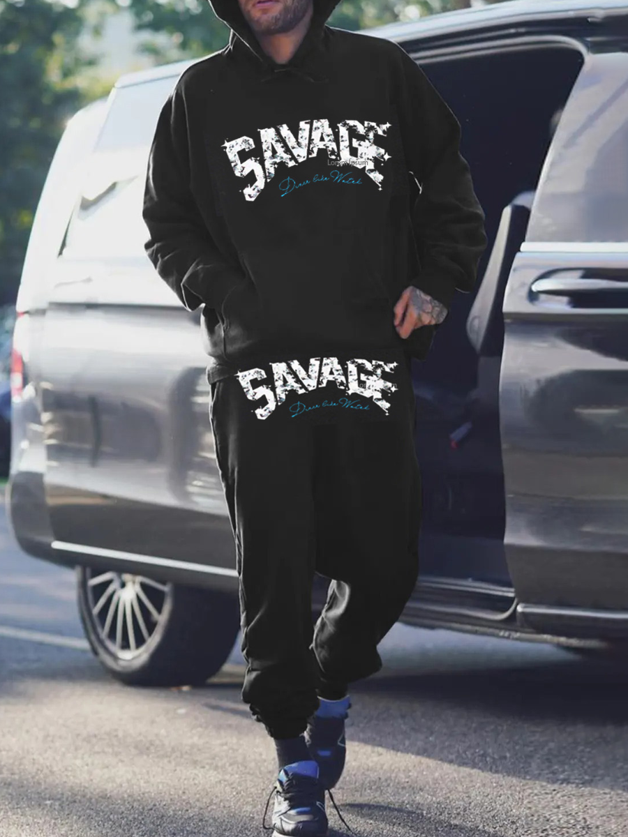 

LW Men Letter Print Kangaroo Pocket Tracksuit Set, Black