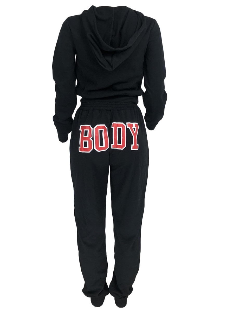 LW Casual Hooded Collar Letter Print Black Two Piece Pants Set