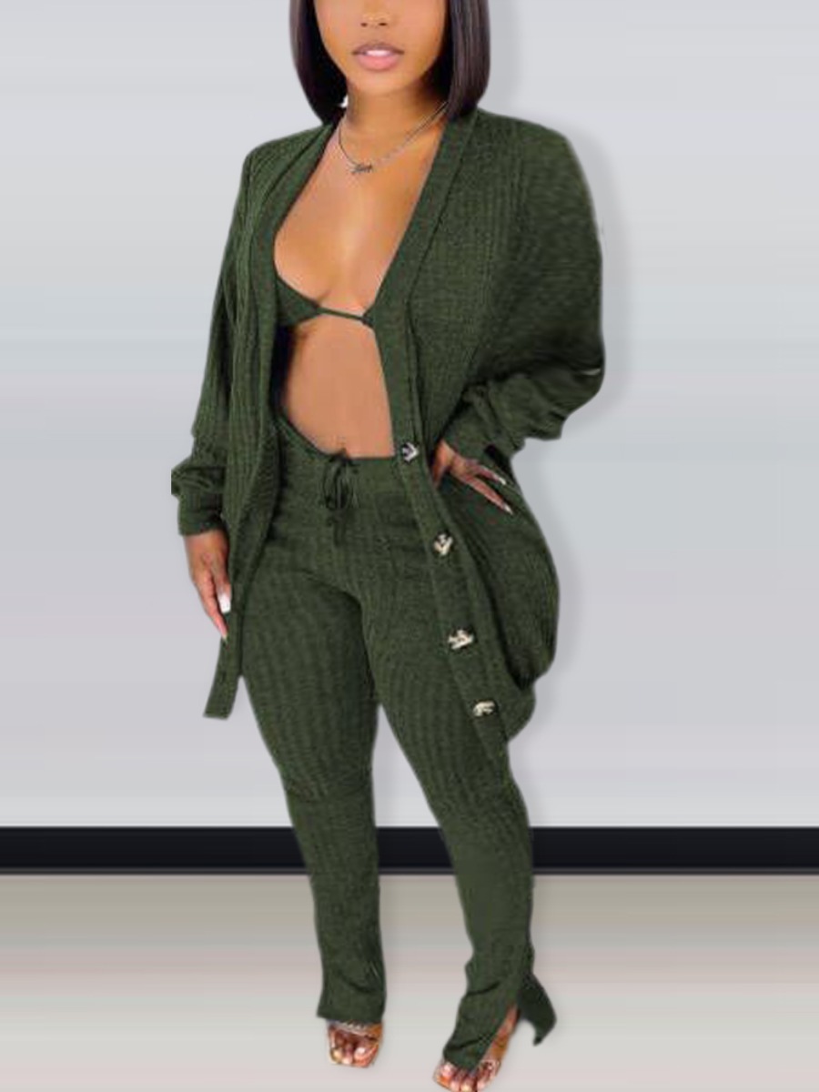 LovelyWholesale Button Design Rib Knit Three-piece Pants Set Fall Long Sleeve Casual Two lapel Spring Summer 2024