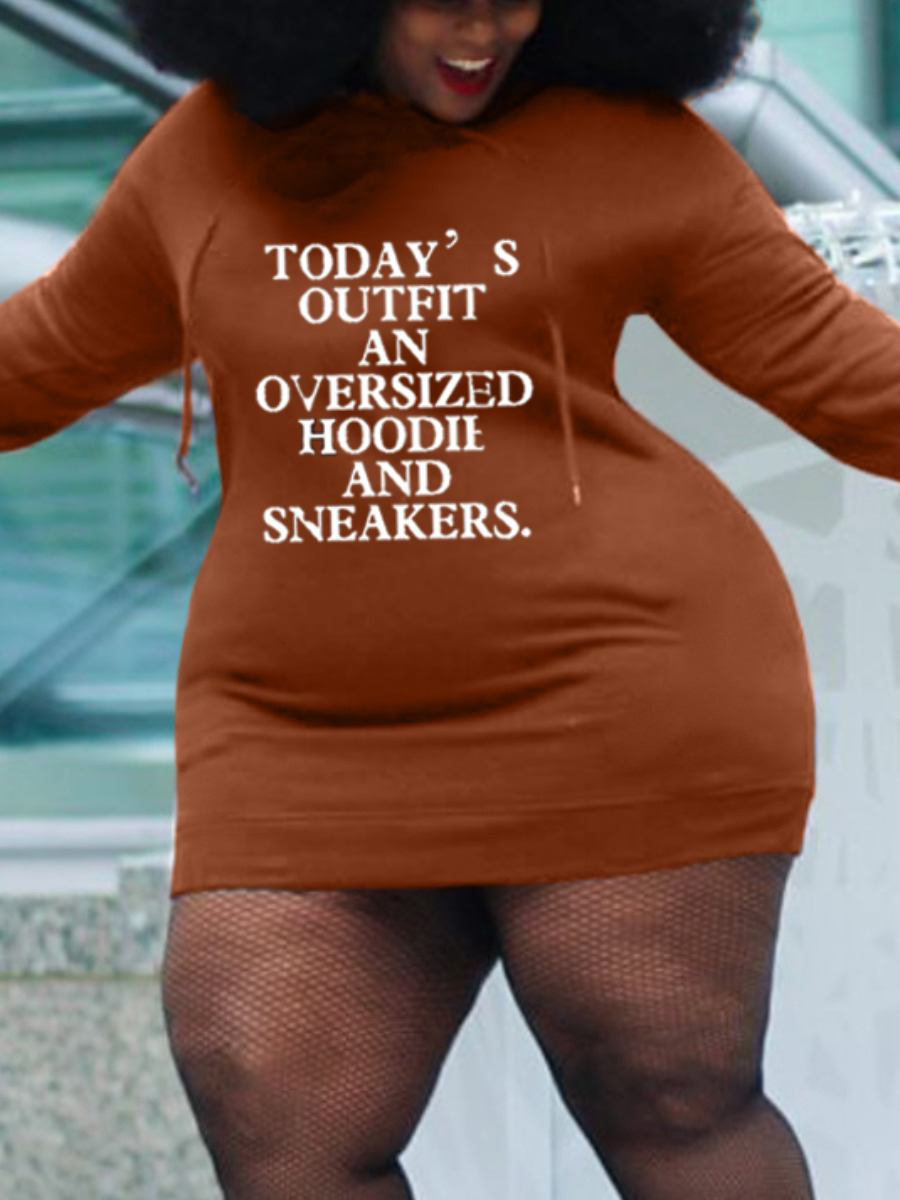 

LW Plus Size Drawstring Letter Print Sweat Dress, Caramel color