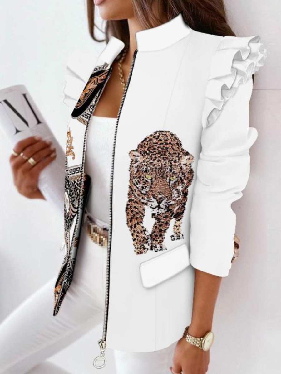 

LW Ruffle Zipper Design Animal Print Jacket, White