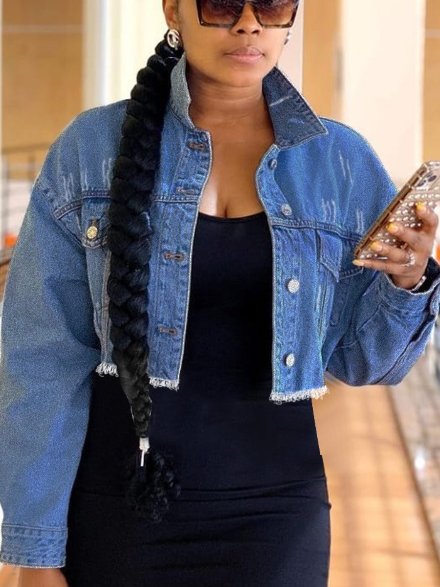 

LW Raw Edge Crop Top Denim Jacket, Deep blue